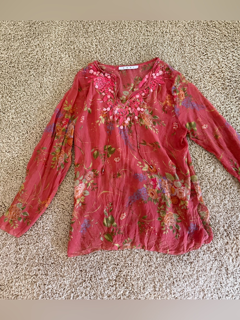 CAbi Dusty Coral Floral Embroidered V-Neck Tunic M